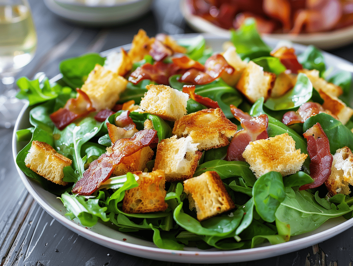 Feldsalat mit knusprigem Speck und hausgemachten Croutons Feldsalat mit knusprigem Speck und hausgemachten Croutons