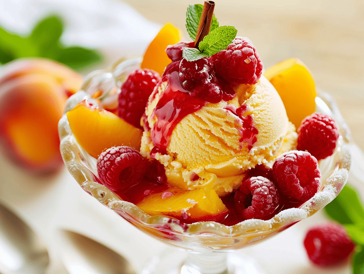 Pfirsich Melba klassisches Dessert